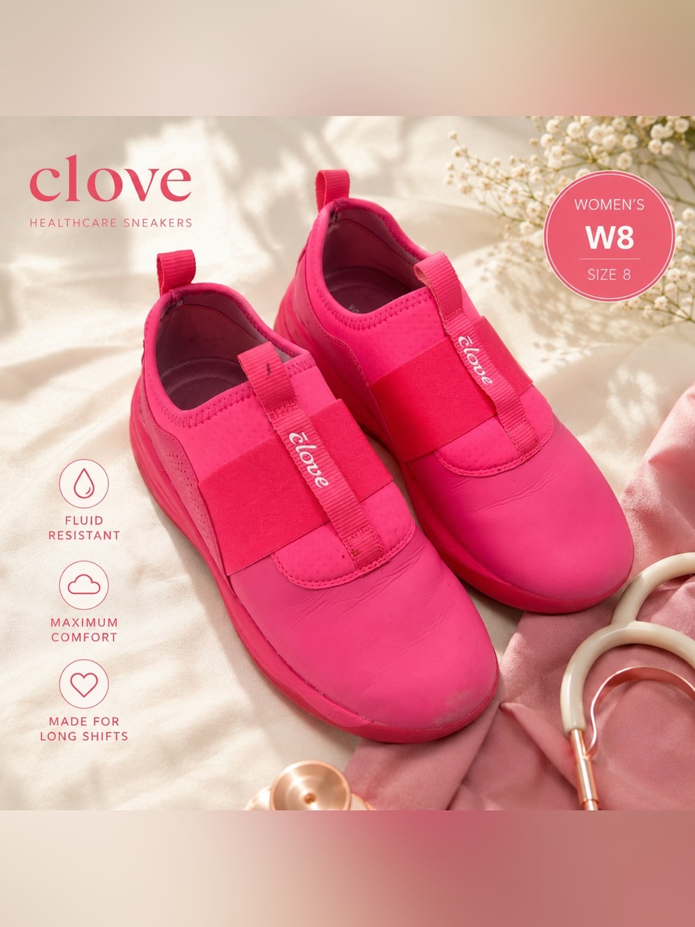 CLOVE Bright Pink Nursing Healthcare Slip-On Sneakers Women’s Size 8 W8